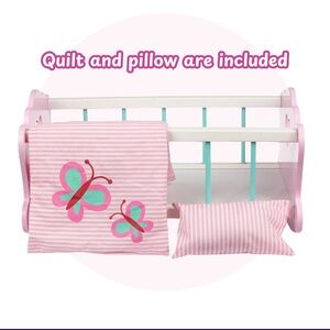 Baby doll crib. Pink Striped Doll Bed Set with Butterfly Design